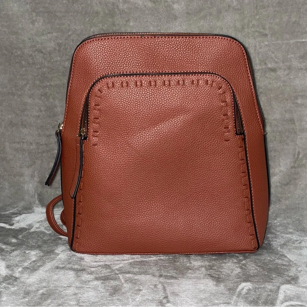 Faux Leather Structured Dome-Top Backpack Cognac Brown Minimalist Style